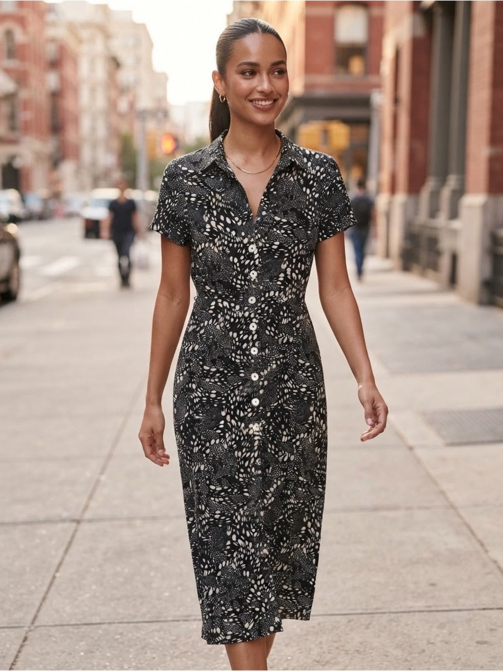 Wilfred (Aritzia) Black Speckled Print Midi Shirt Dress Sz XS
